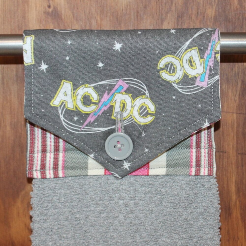AC/DC PINK & GRAY PRINT HANDMADE HANGING HAND KITCHEN TOWEL COTTON GRAY TOWEL